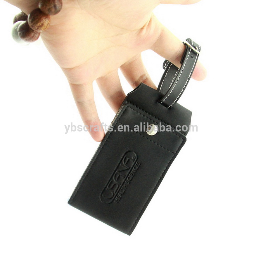 Real leather extended strap luggage tag with button for holding label