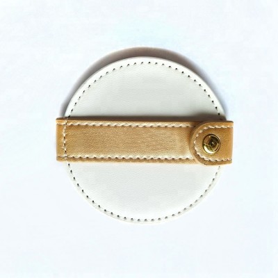 Round Leather Strap Cosmetics Gold Folding Pocket Makeup Mirror